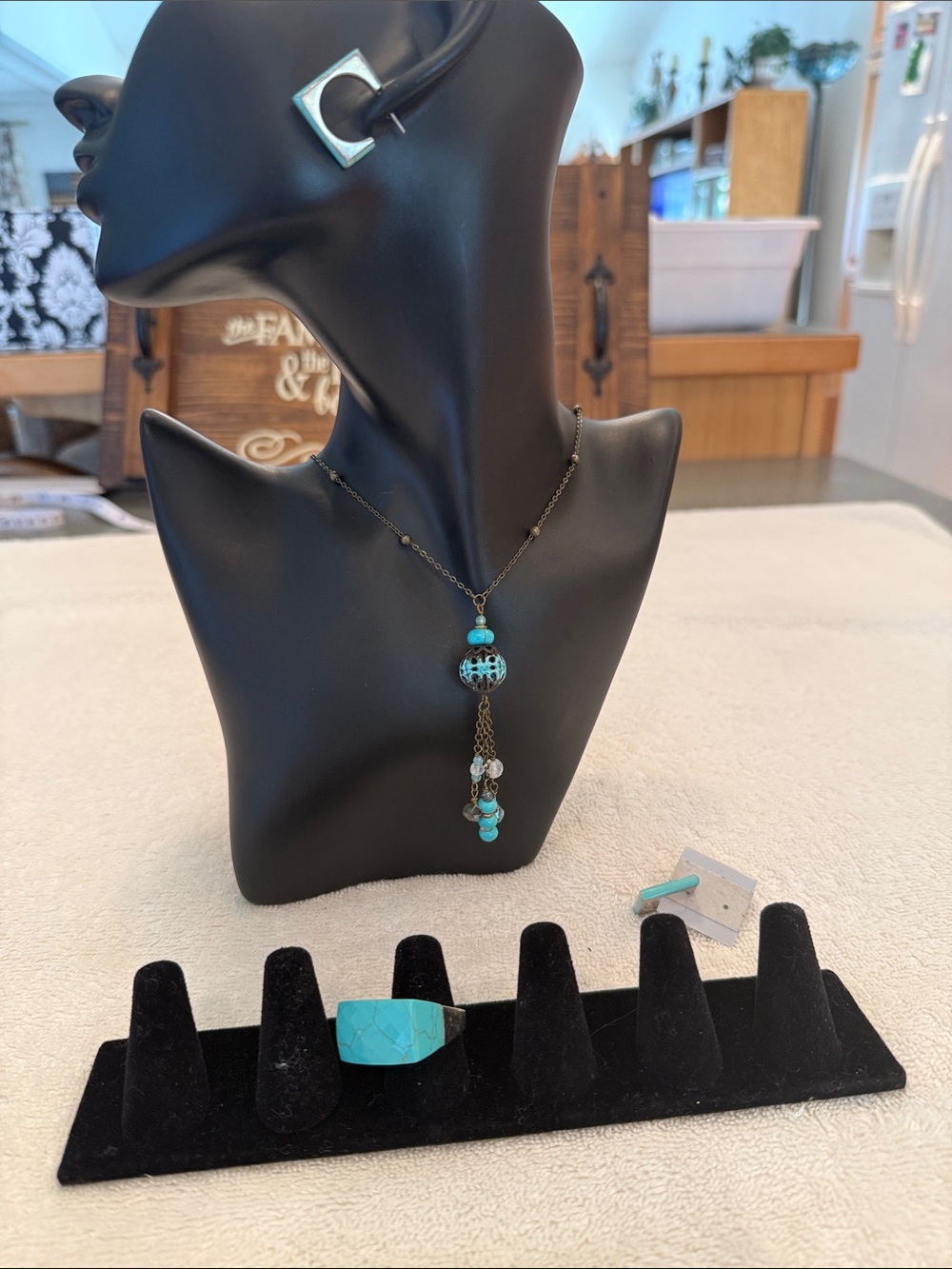 Artisan Turquoise Drop Pendant Necklace, Ring & Earrings